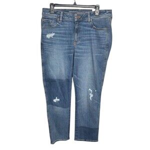 Chico’s Define Me Denim Straight Leg Ankle‎ Jeans Size 12 Distressed Patchwork